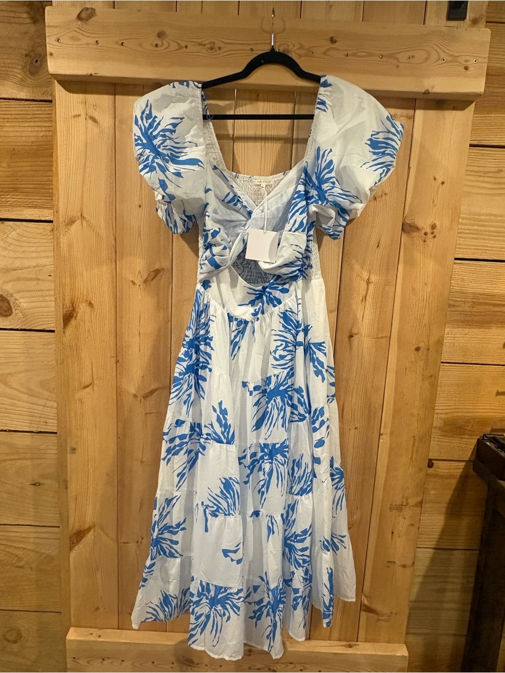 White Maxi Dress with Blue Floral Print and Puff Sleeves